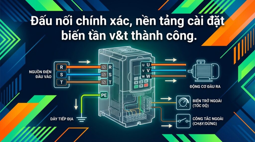 Đấu nối chính xác, nền tảng cài đặt biến tần v&t thành công.