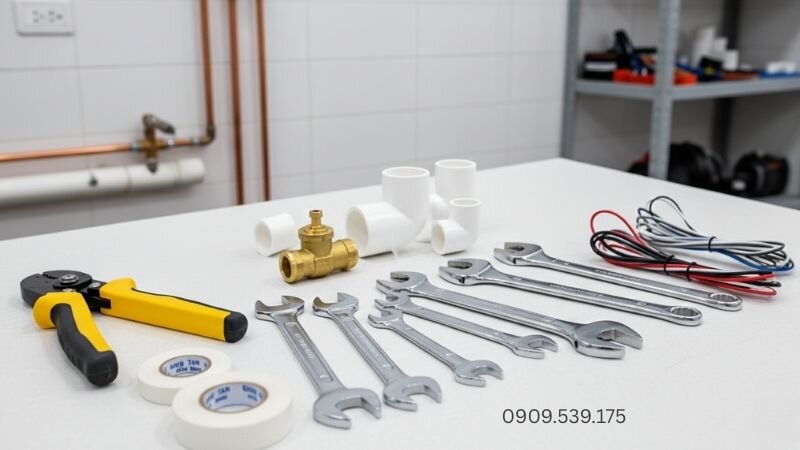Dụng cụ cần thiết khi lắp bơm tăng áp cho bình nóng lạnh.