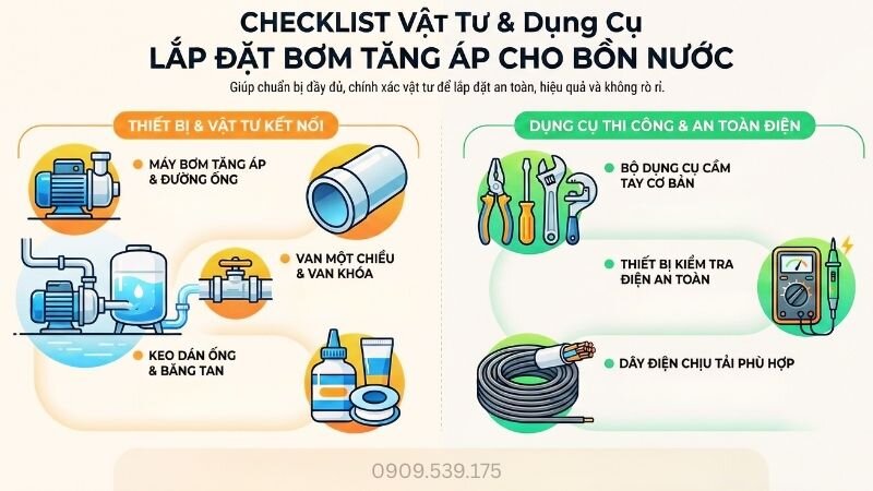 Dụng cụ lắp đặt bơm tăng áp cho bồn nước.
