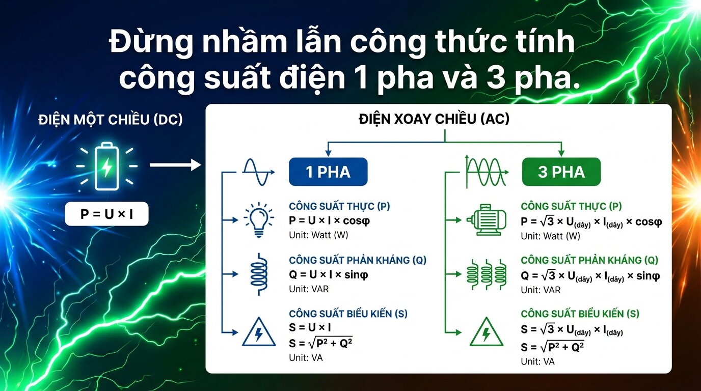 Đừng nhầm lẫn công thức tính công suất điện 1 pha và 3 pha.