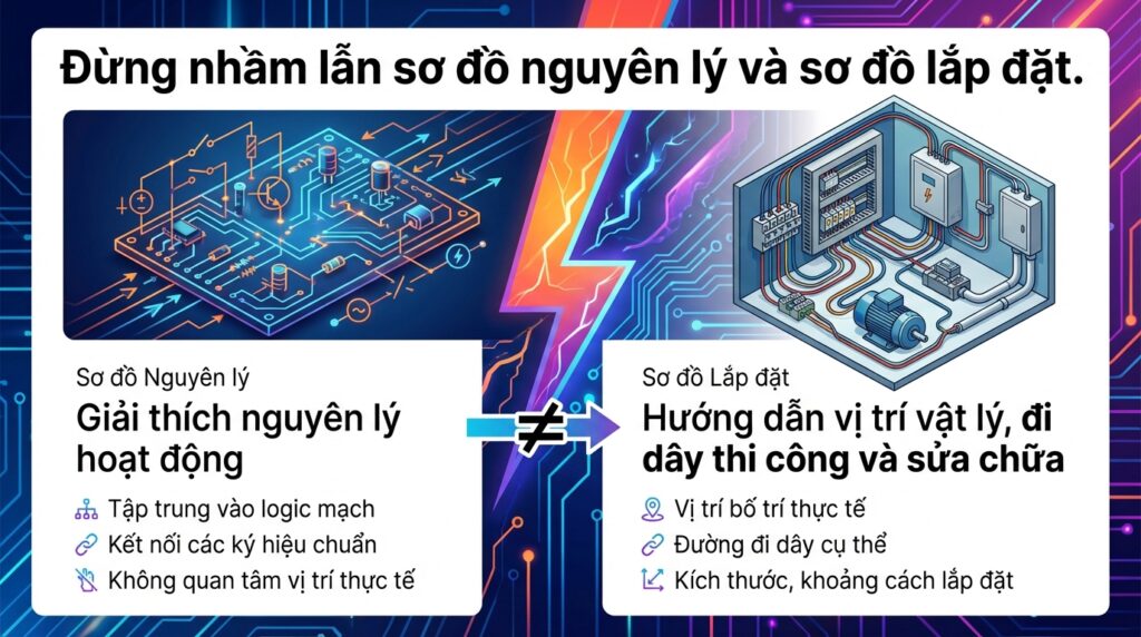Đừng nhầm lẫn sơ đồ nguyên lý và sơ đồ lắp đặt.