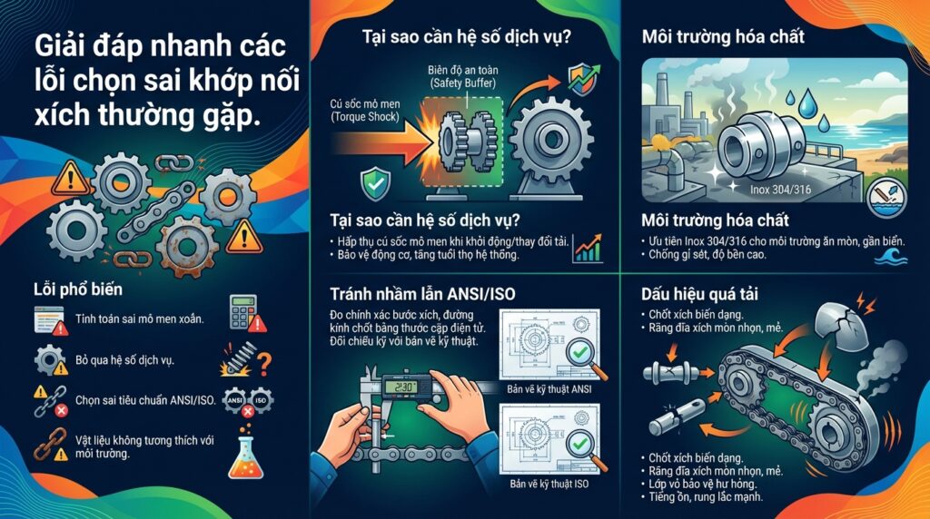 Giải đáp nhanh các lỗi chọn sai khớp nối xích thường gặp.