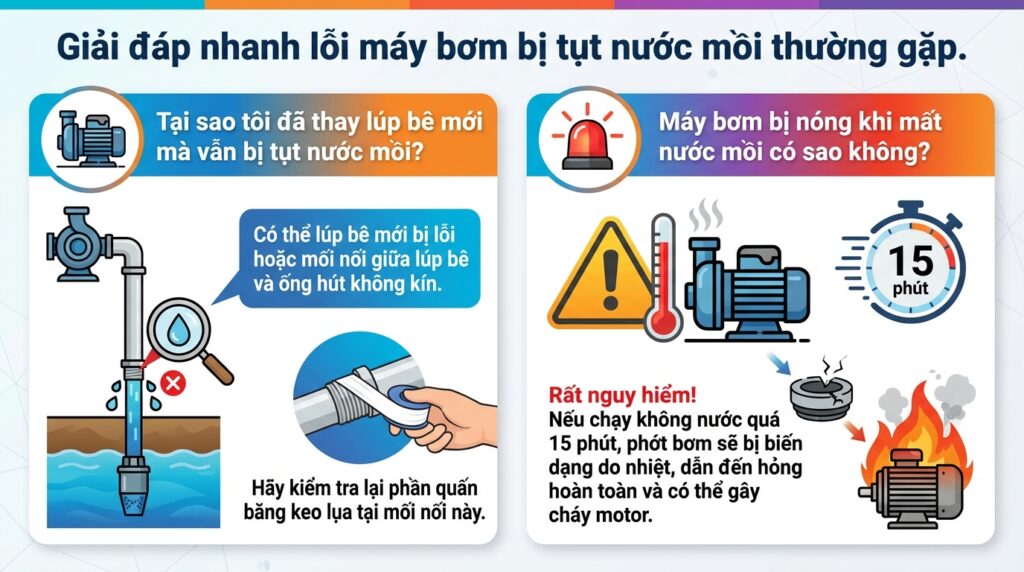 Giải đáp nhanh lỗi máy bơm bị tụt nước mồi thường gặp.