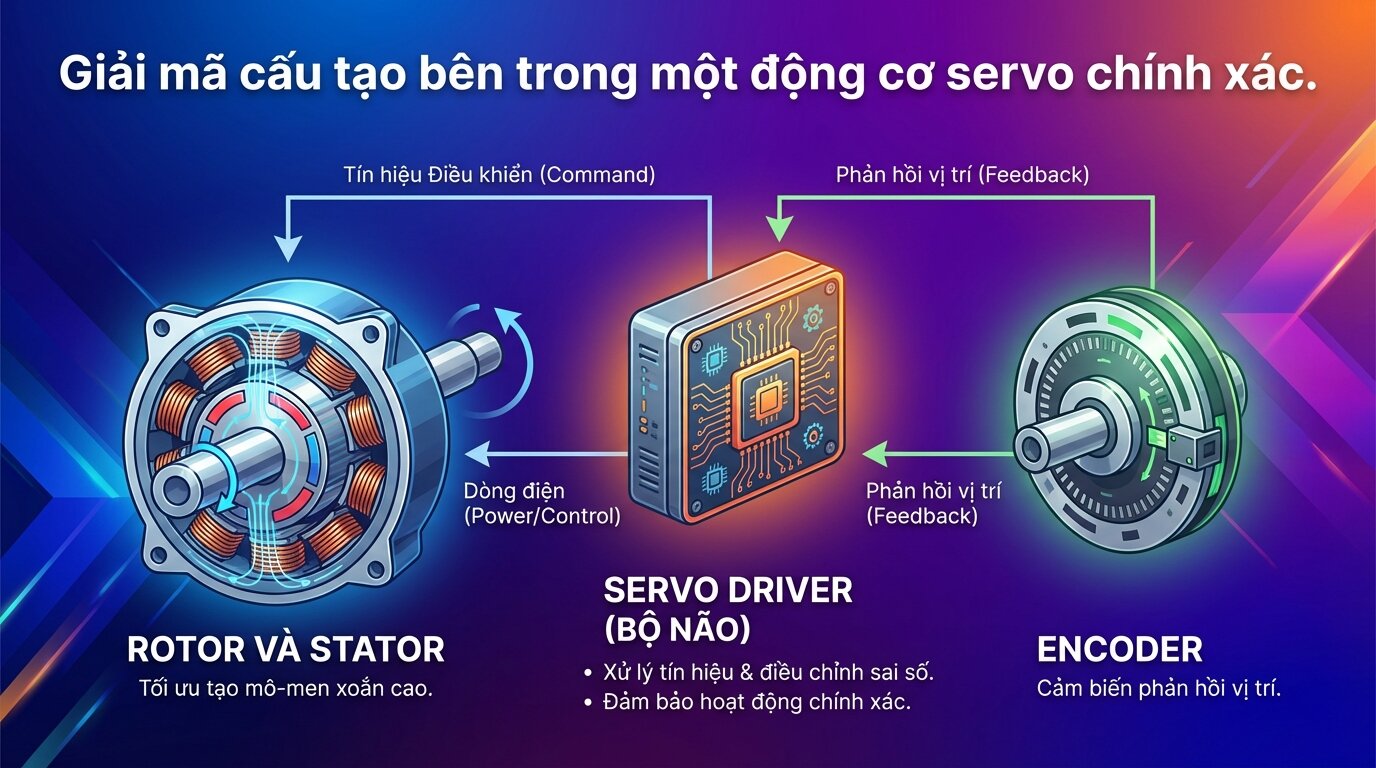 Giải mã cấu tạo bên trong một động cơ servo chính xác.