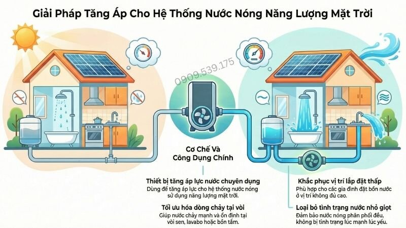 Giải pháp tăng áp cho hệ thống nước nóng năng lượng mặt trời.