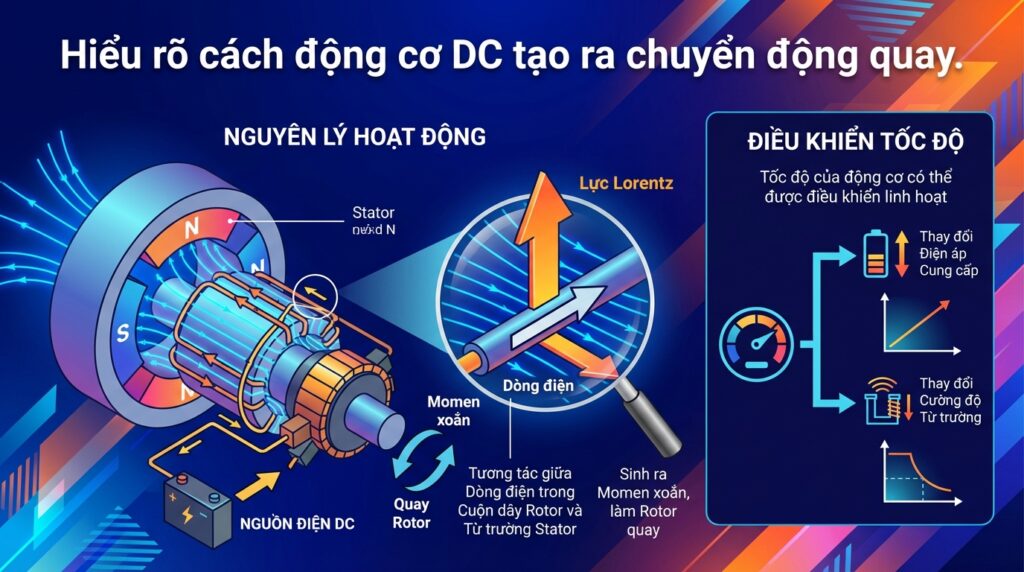 Hiểu rõ cách động cơ DC tạo ra chuyển động quay.
