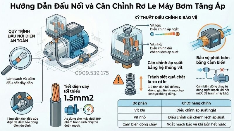 Hướng dẫn đấu nối và cân chỉnh rơ le máy bơm tăng áp.