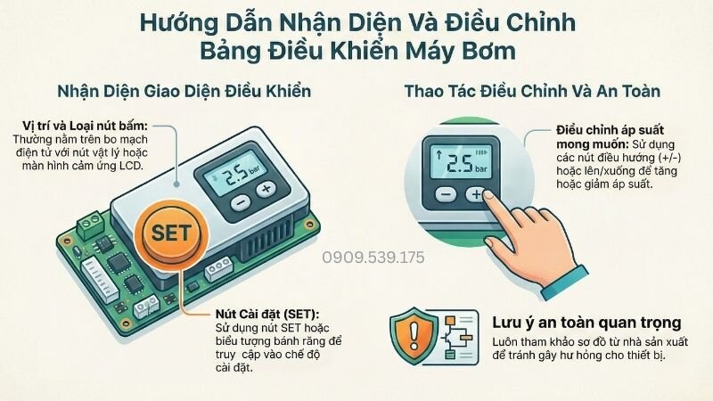 Hướng dẫn nhận diện và điều chỉnh bảng điều khiển máy bơm.