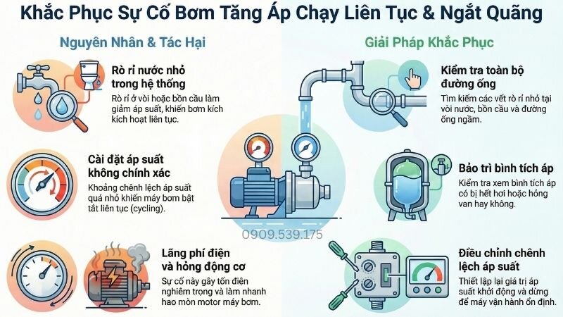 Khắc phục sự cố bơm tăng áp chạy liên tục và ngắt quãng.