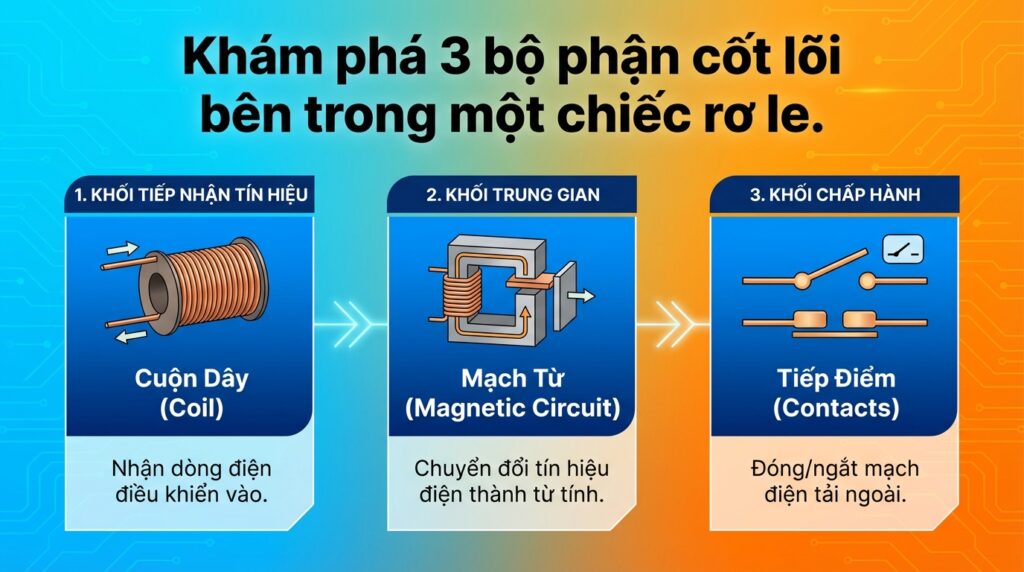 Khám phá 3 bộ phận cốt lõi bên trong một chiếc rơ le.