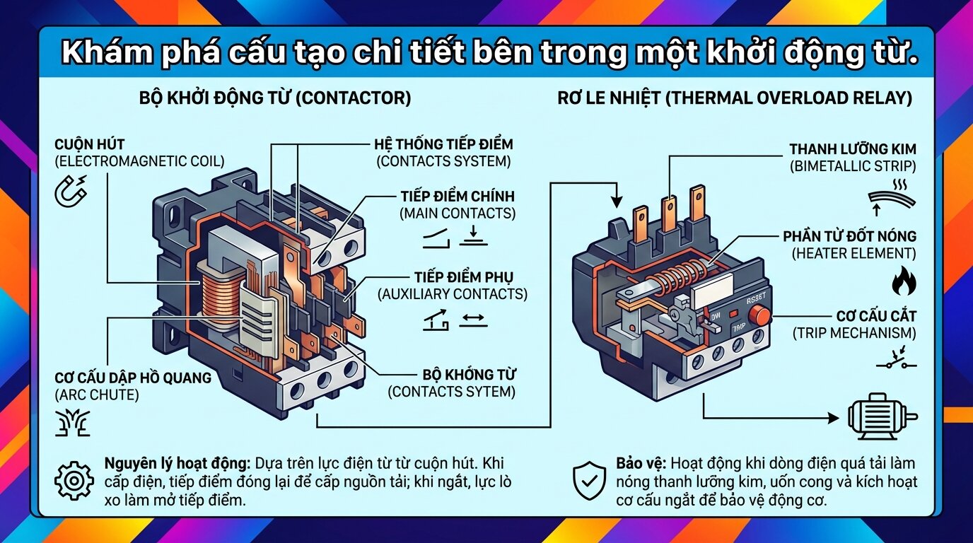 Khám phá cấu tạo chi tiết bên trong một khởi động từ.