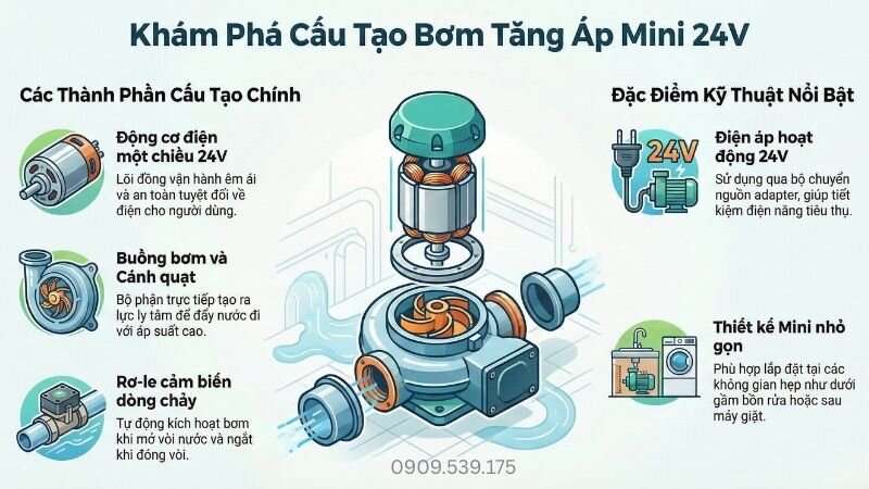 Khám phá cấu tạo của máy của bơm tăng áp mini 24V.