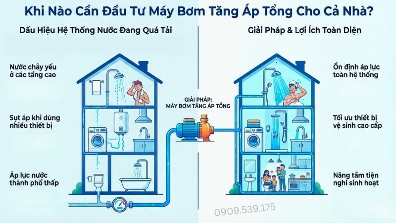 Khi nào cần đầu tư máy bơm tăng áp tổng cho cả nhà.