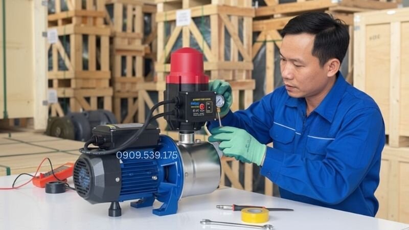 Kỹ thuật viên chỉnh bơm tăng áp để duy trì áp lực nước ổn định tại mọi điểm sử dụng, loại bỏ tiếng ồn khó chịu từ rơ le đóng ngắt.