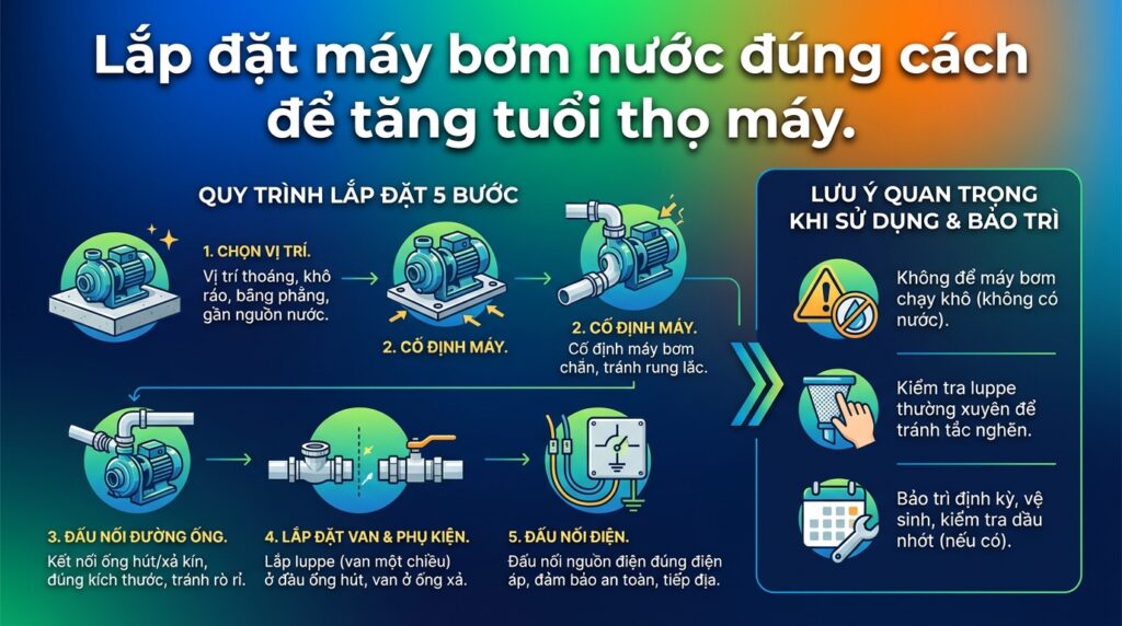 Lắp đặt máy bơm nước đúng cách để tăng tuổi thọ máy.
