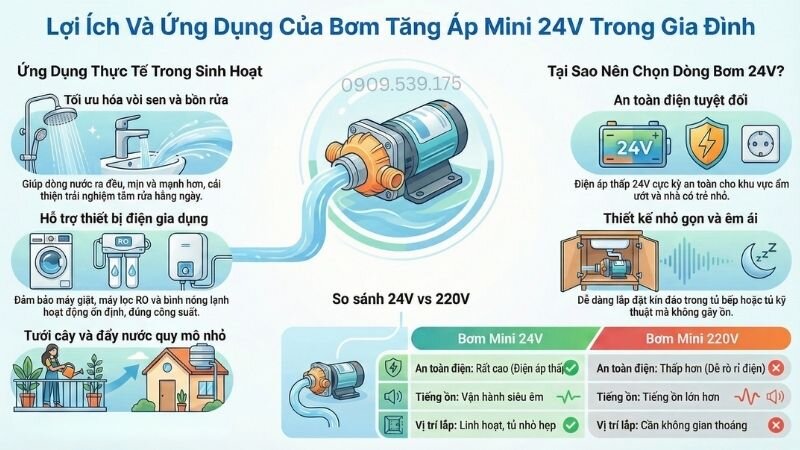 Lợi ích và ứng dụng đa dạng của bơm tăng áp mini 24v trong gia đình.