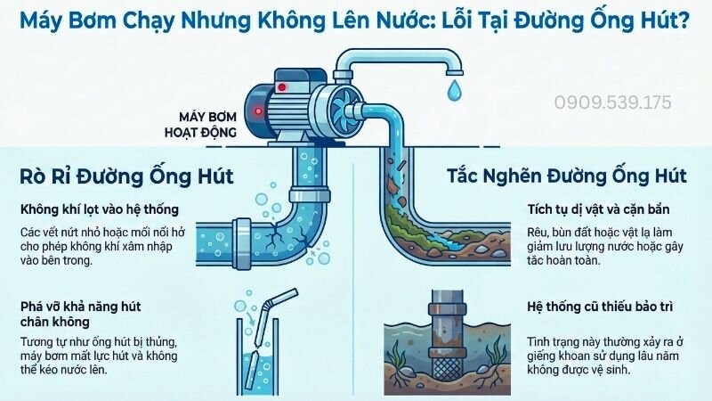 Máy bơm chạy nhưng không lên nước, lỗi tại đường ống hút.