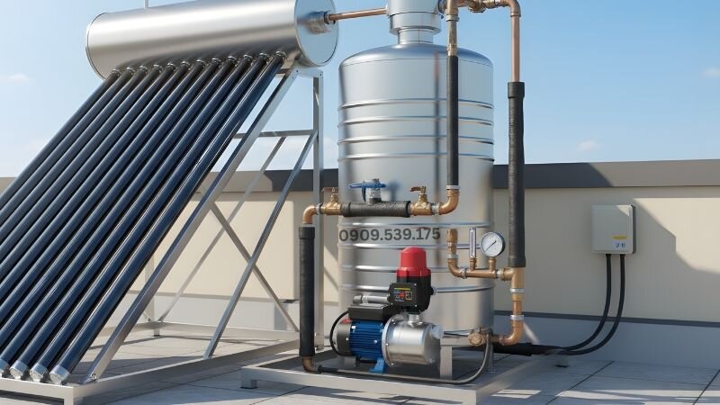 Máy bơm tăng áp nước nóng năng lượng mặt trời giúp ổn định áp lực, đảm bảo nước nóng chảy mạnh và đều.