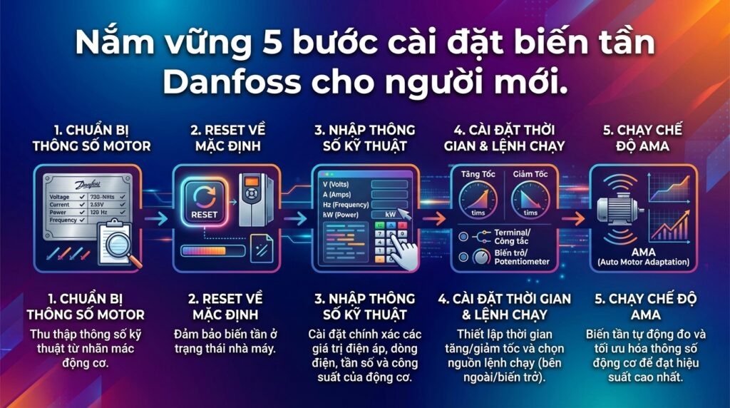 Nắm vững 5 bước cài đặt biến tần Danfoss cho người mới.