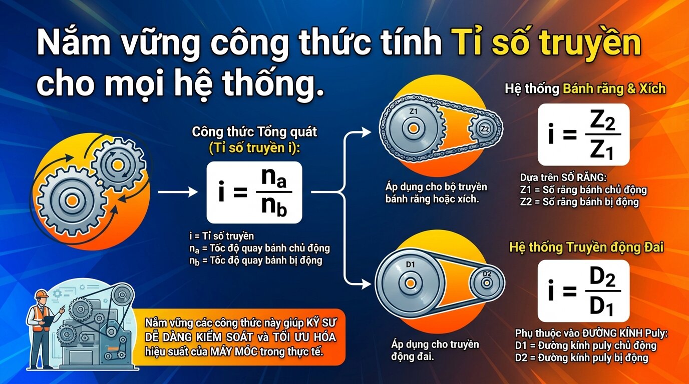 Nắm vững công thức tính Tỉ số truyền cho mọi hệ thống.
