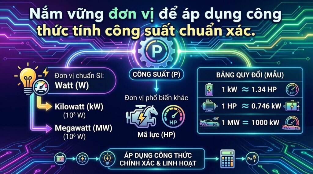 Nắm vững đơn vị để áp dụng công thức tính công suất chuẩn xác.