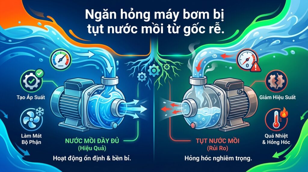 Ngăn hỏng máy bơm bị tụt nước mồi từ gốc rễ.