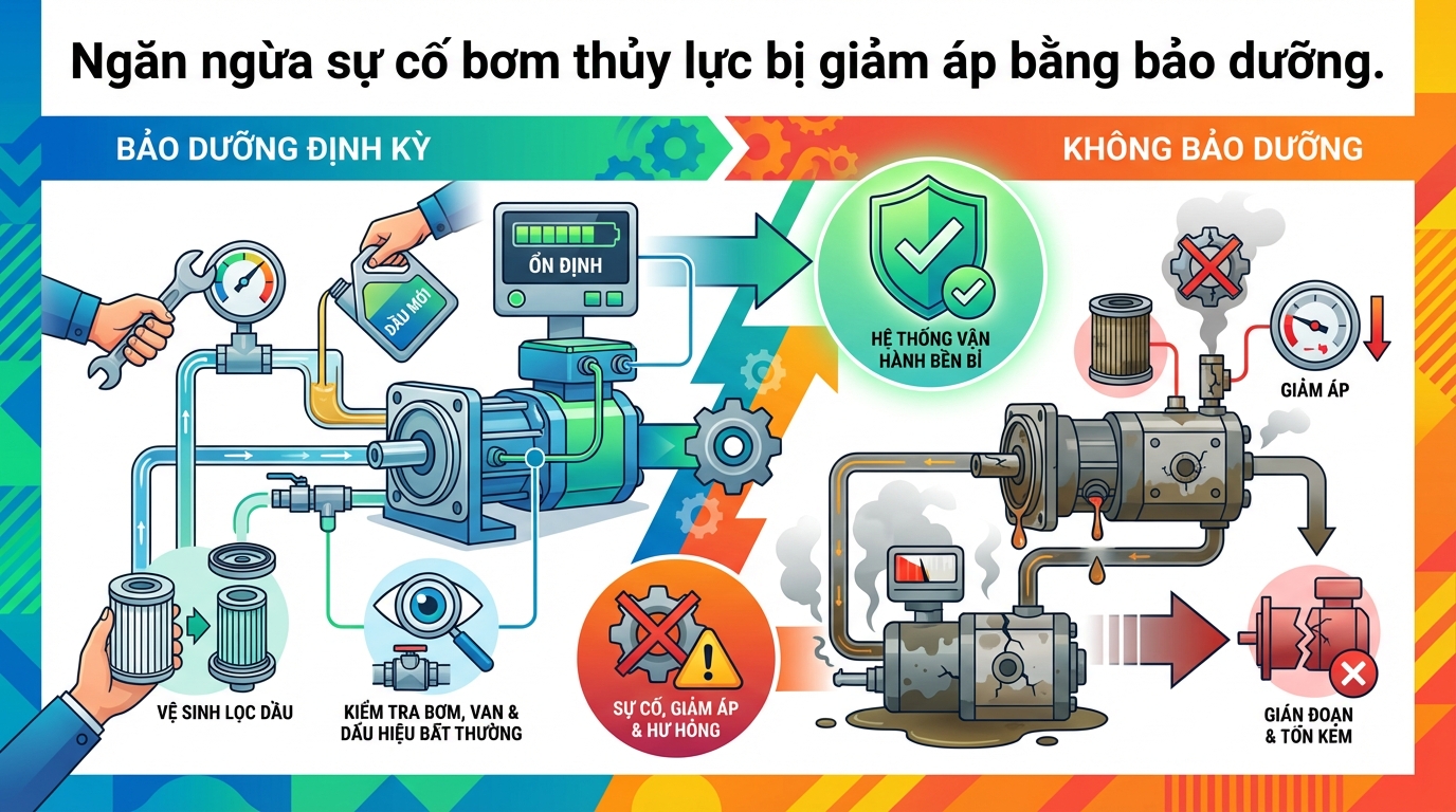 Ngăn ngừa sự cố bơm thủy lực bị giảm áp bằng bảo dưỡng.