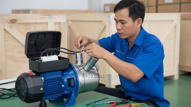 Người thợ đang đấu tụ điện cho máy bơm tăng áp.
