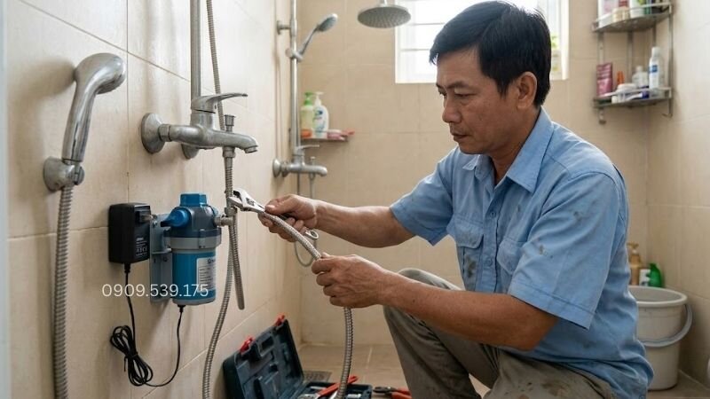 Người thợ đang lắp bơm tăng áp cho vòi sen nhà tắm.