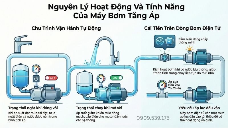 Nguyên lý hoạt động và tính năng của máy bơm tăng áp.