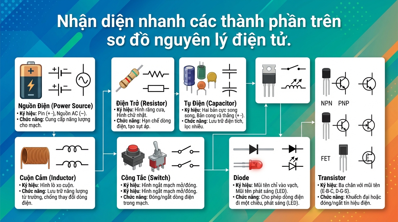 Nhận diện nhanh các thành phần trên sơ đồ nguyên lý điện tử.