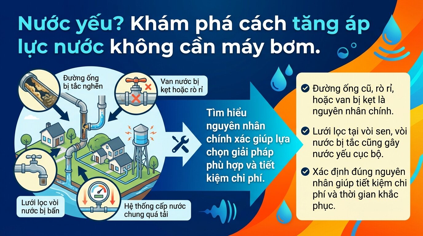Nước yếu? Khám phá cách tăng áp lực nước không cần máy bơm.