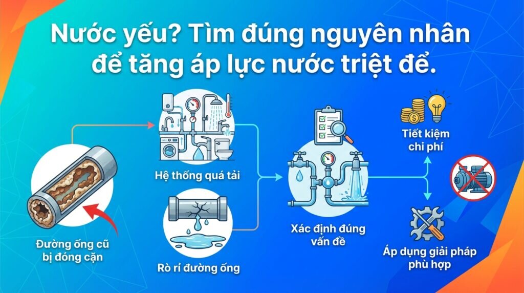 Nước yếu? Tìm đúng nguyên nhân để tăng áp lực nước triệt để.