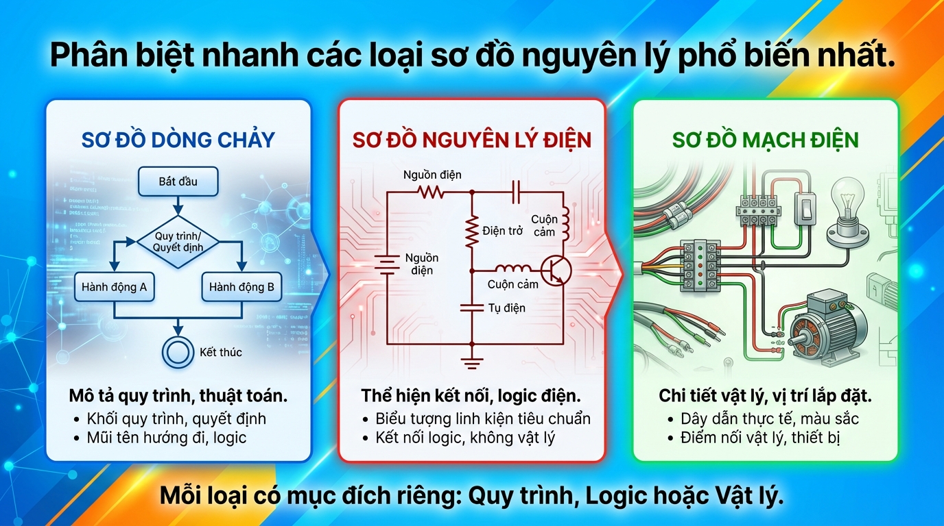 Phân biệt nhanh các loại sơ đồ nguyên lý phổ biến nhất.