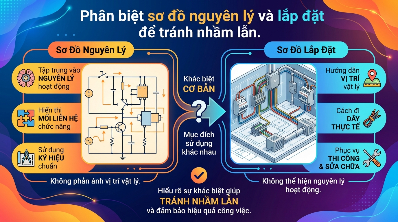 Phân biệt sơ đồ nguyên lý và lắp đặt để tránh nhầm lẫn.