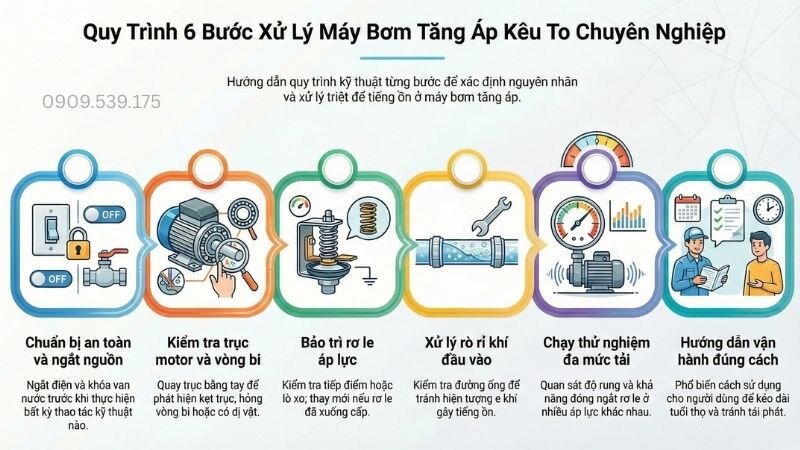 Quy trình 6 bước xử lý máy bơm tăng áp kêu to chuyên nghiệp.