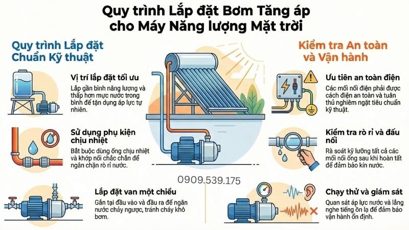Quy trình lắp đặt bơm tăng áp cho máy năng lượng mặt trời.
