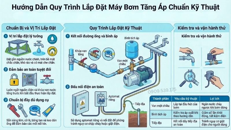 Quy trình lắp đặt máy bơm tăng áp tổng đúng chuẩn kỹ thuật.