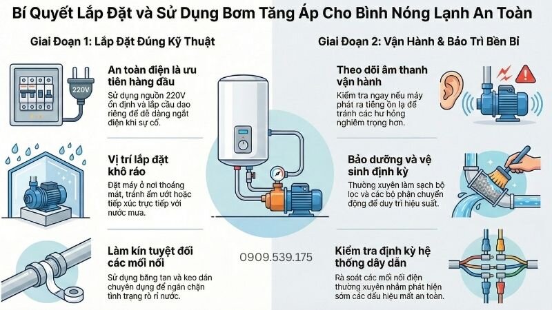 Quy trình lắp đặt và sử dụng bơm tăng áp cho bình nóng lạnh an toàn.