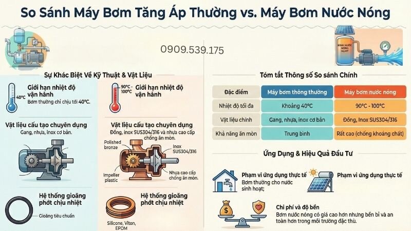 So sánh bơm tăng áp thường với bơm tăng áp nước nóng.