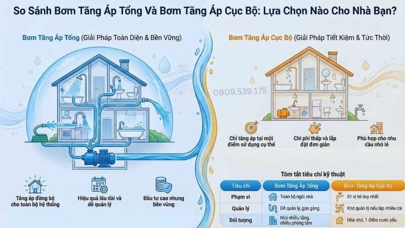 So sánh bơm tăng áp tổng và bơm tăng áp cục bộ, nên lựa chọn dòng bơm nào.