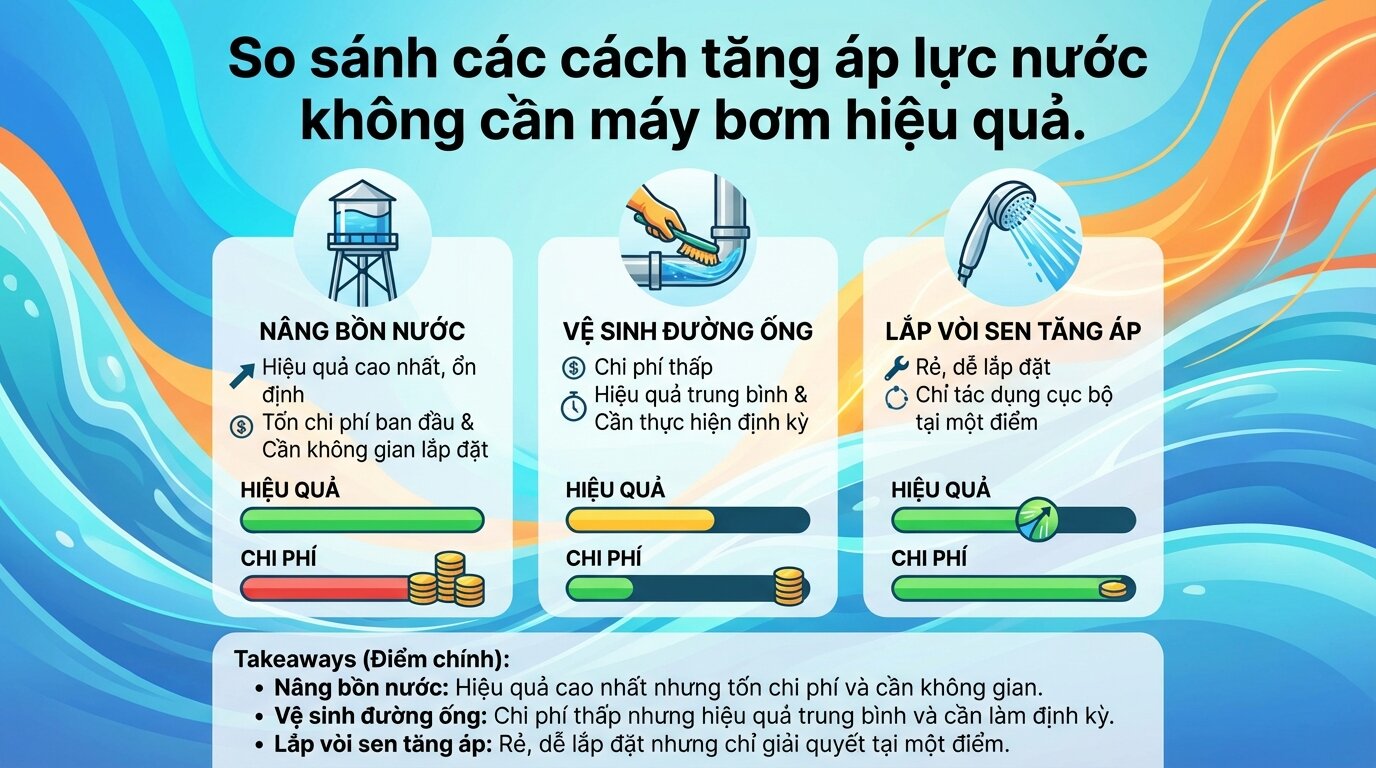 So sánh các cách tăng áp lực nước không cần máy bơm hiệu quả.