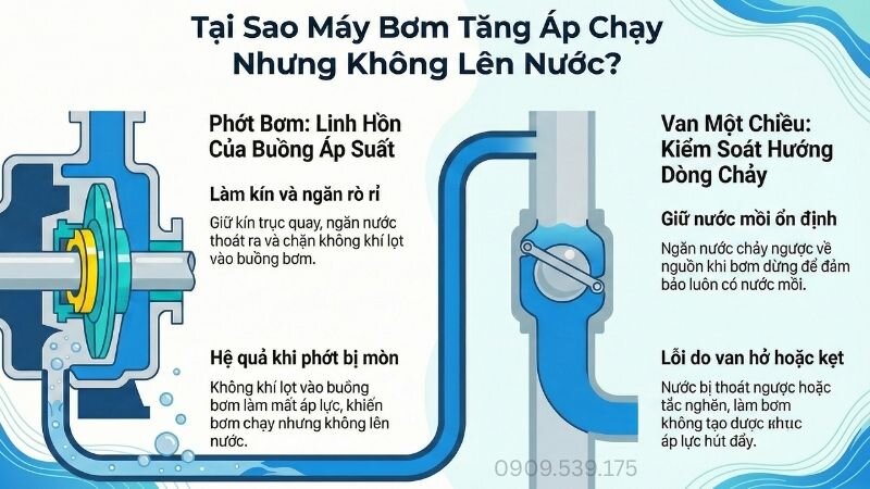 Tại sao máy bơm tăng áp chạy nhưng không lên nước.