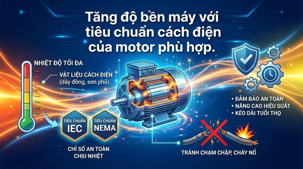 Tăng độ bền máy với tiêu chuẩn cách điện của motor phù hợp.