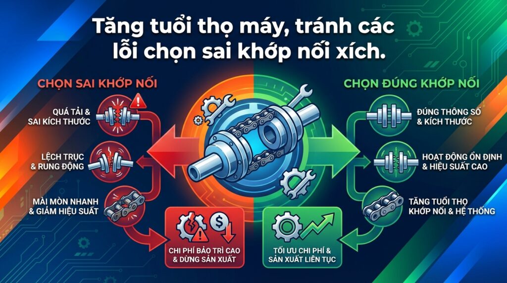 Tăng tuổi thọ máy, tránh các lỗi chọn sai khớp nối xích.