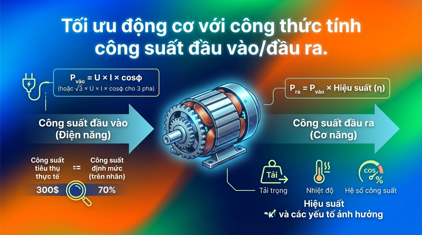 Tối ưu động cơ với công thức tính công suất đầu vào/đầu ra.