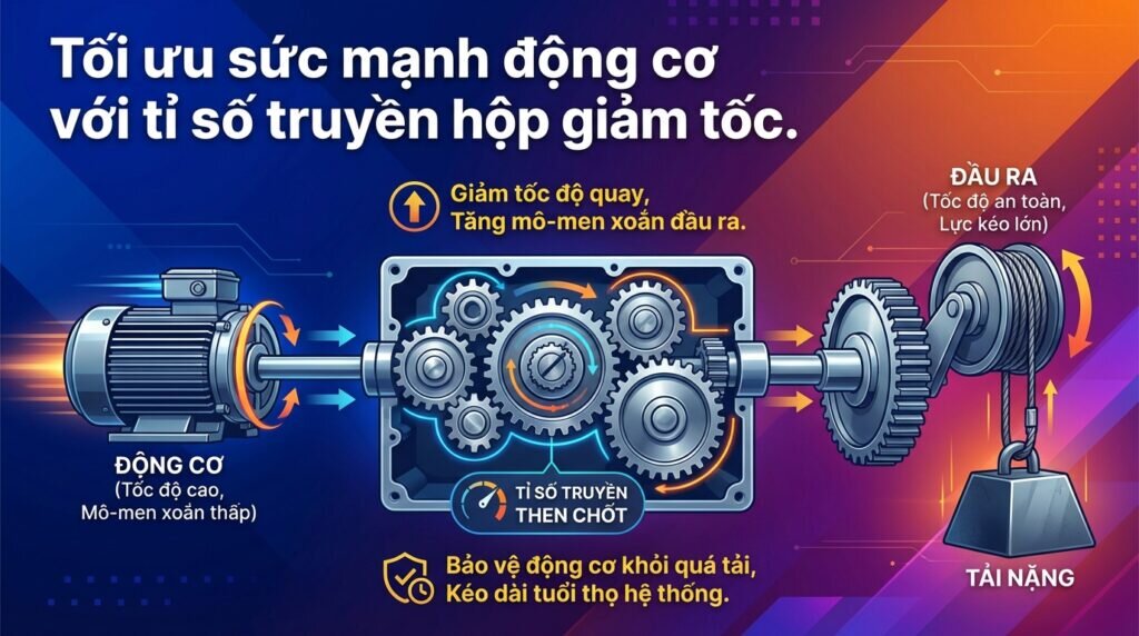 Tối ưu sức mạnh động cơ với tỉ số truyền hộp giảm tốc.
