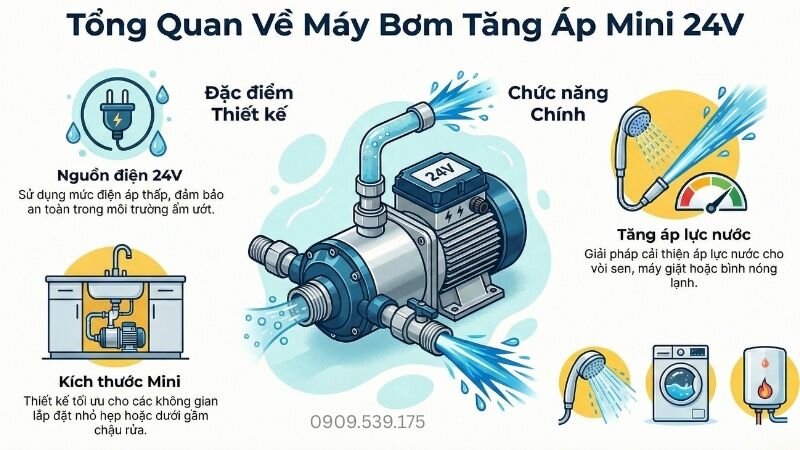 Tổng quan về máy bơm tămg áp mini 24v.