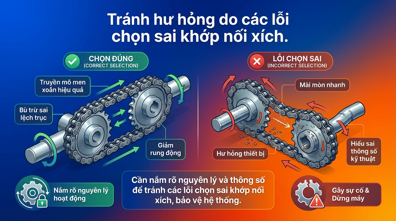Tránh hư hỏng do các lỗi chọn sai khớp nối xích.