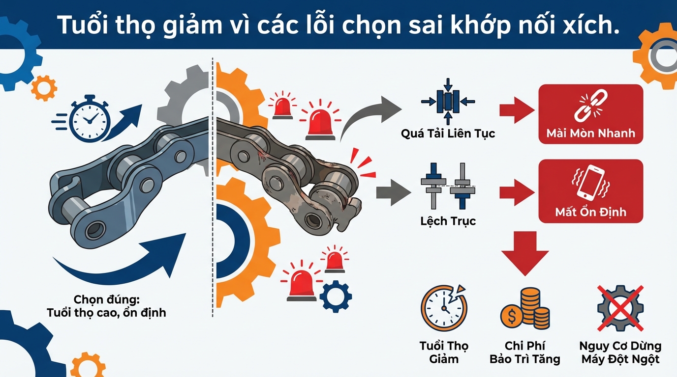 Tuổi thọ giảm vì các lỗi chọn sai khớp nối xích.
